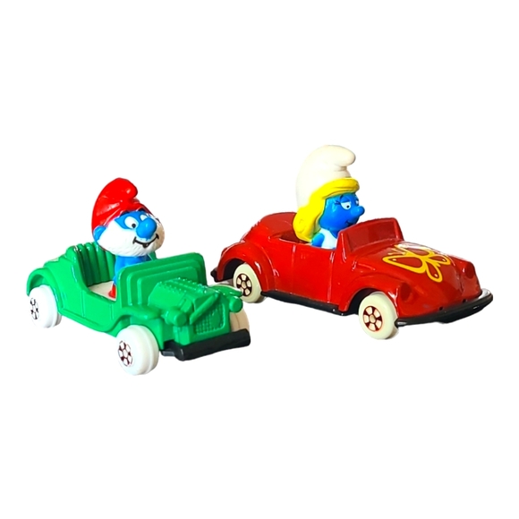Vintage 1982 Smurf Peyo:Green Papa Smurf Die  & Red Smurfette Die Cast Cars - Picture 1 of 12